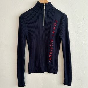 Preppy y2k Ribbed Quarter Zip Fitted Stretchy Embroidered Tommy Hilfiger Sweater